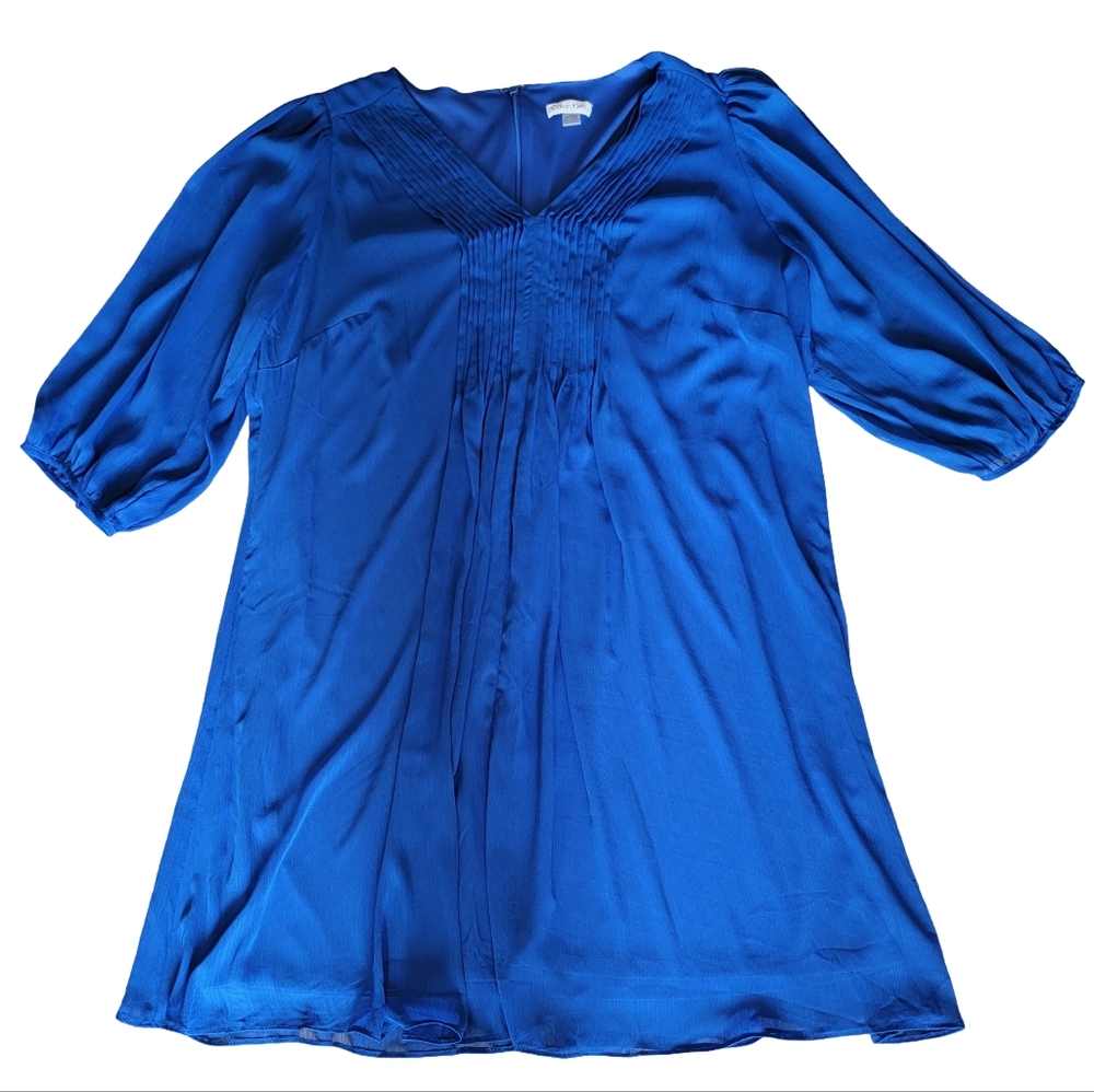 Calvin Klein Size 16W Blue Mini Dress Ruching & Pleating Down Front Sheer Sleeve